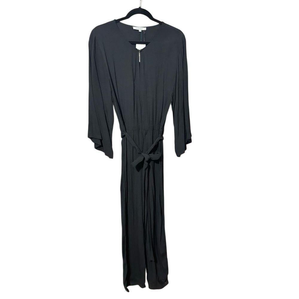 Olivaceous Black Jumpsuit Long Sleeves V Neck Slit‎ Neck Belted